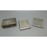 A white metal compact, a/f, a card case and a box