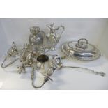 Mixed silver plated items, entree dish, ladle, candelabra, a/f, two wine jugs, etc.