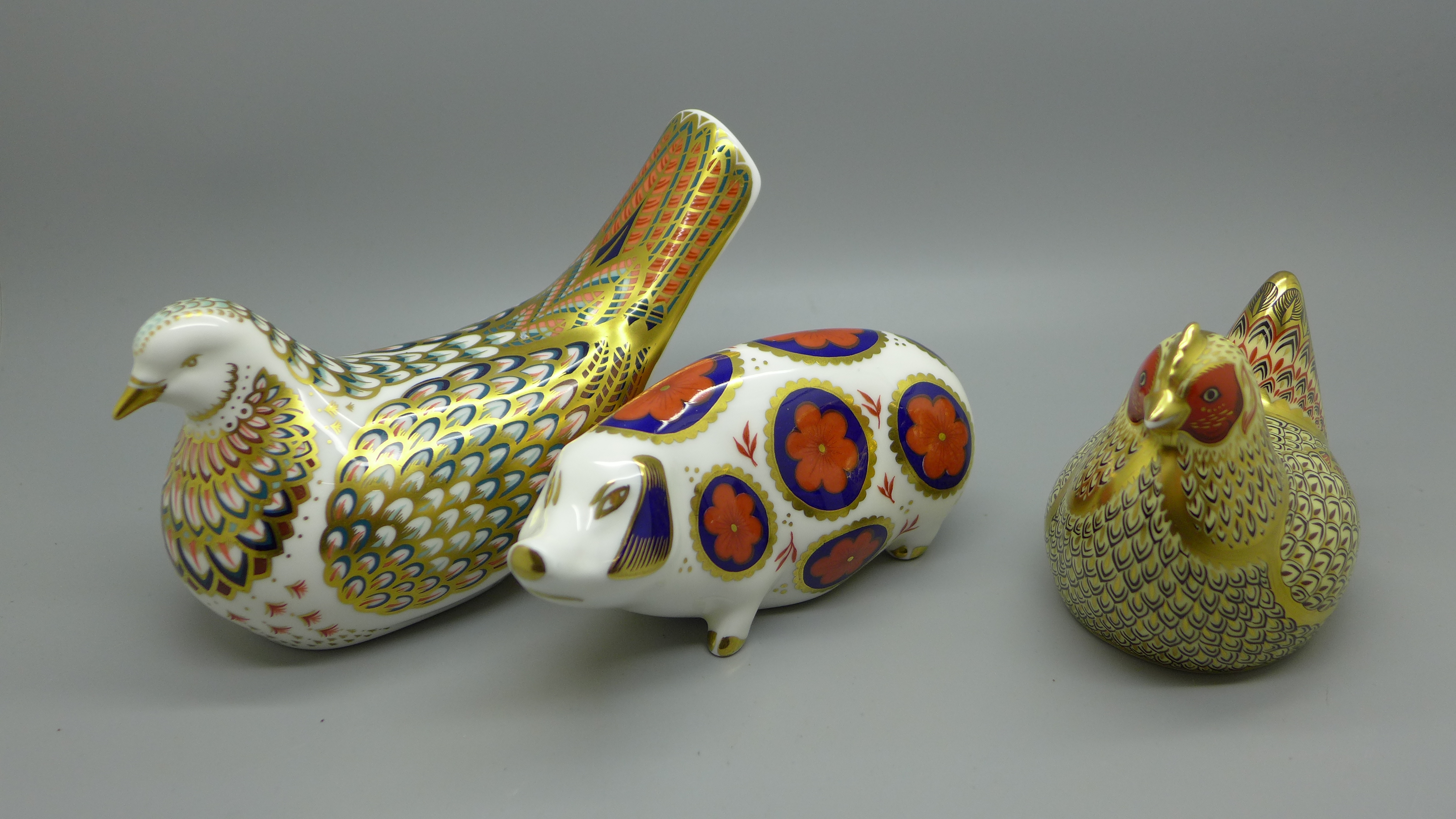 Three Royal Crown Derby paperweights - Farmyard Hen, 3,155 of 5,000, gold stopper, signed and