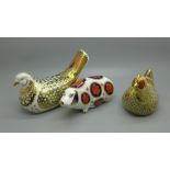 Three Royal Crown Derby paperweights - Farmyard Hen, 3,155 of 5,000, gold stopper, signed and