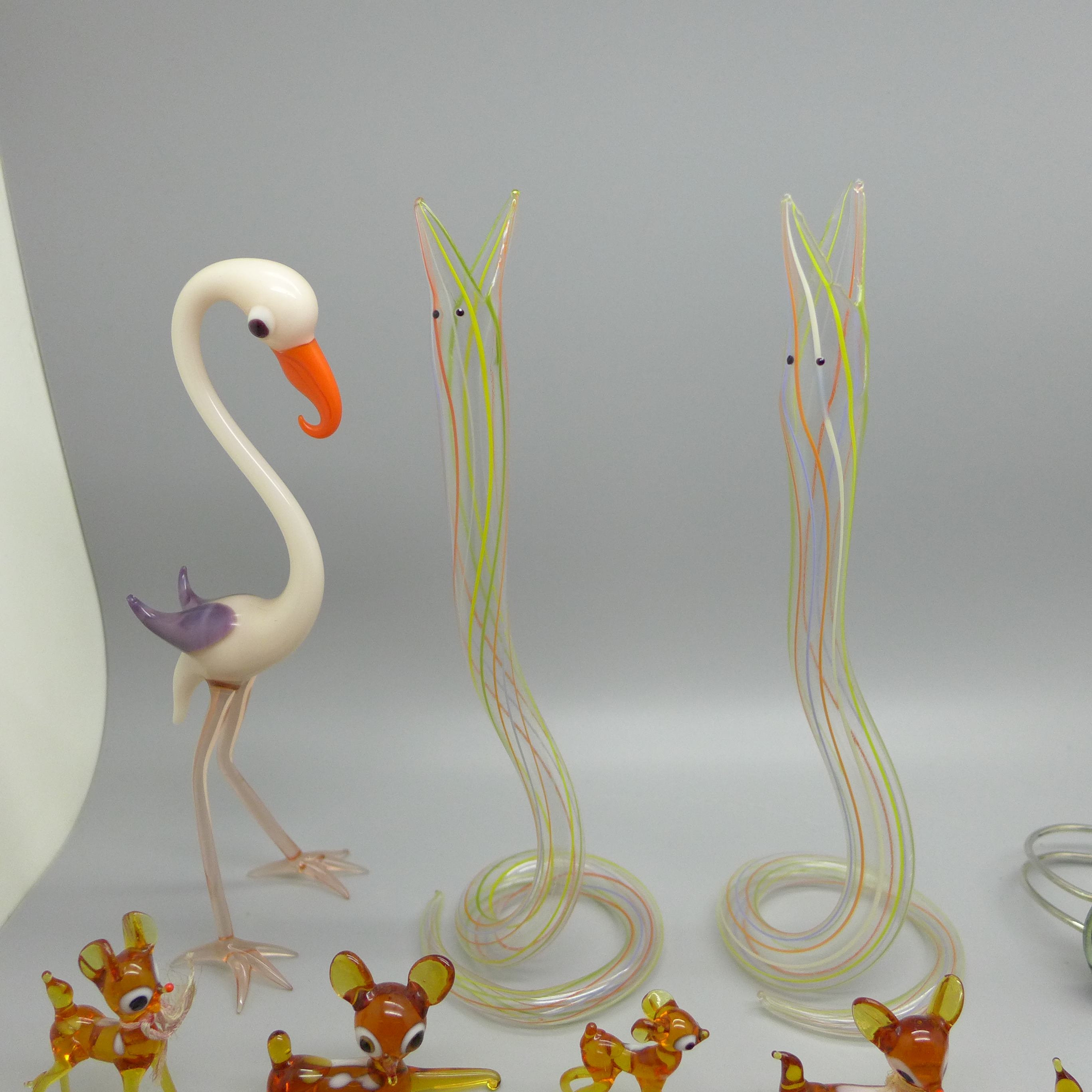 Sixteen deer, one dog, two hollow glass snakes and one flamingo glass animals and various glass bead - Image 3 of 4