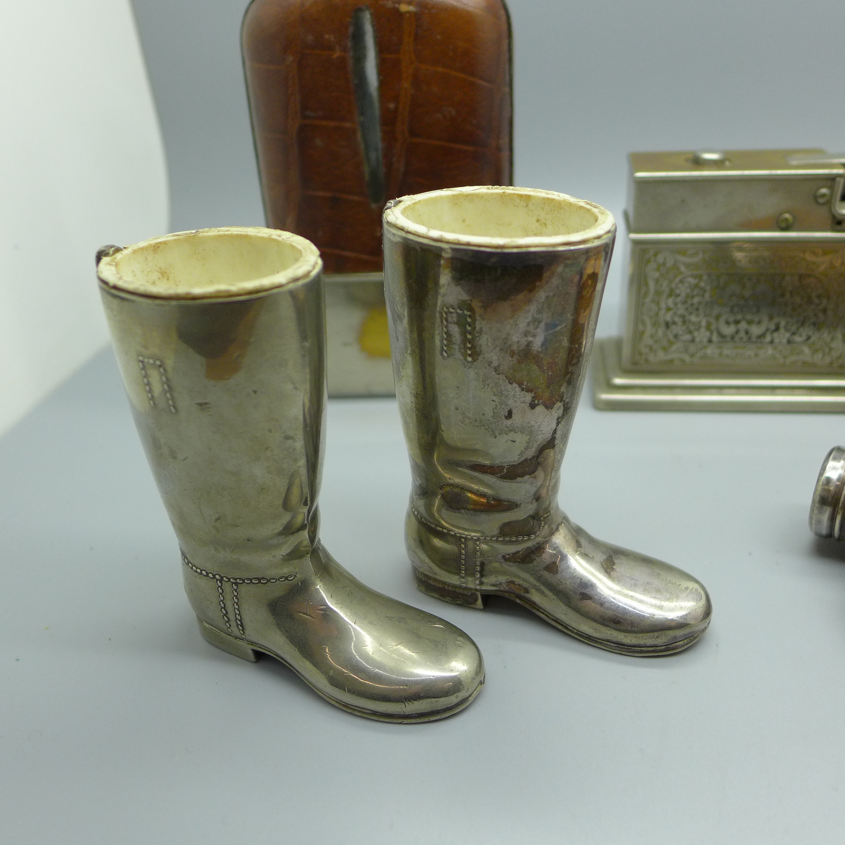 Three hip flasks, with silver plated cups, two Wellington boot match holders and a Myflam table - Image 3 of 6