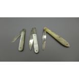 Three silver and mother of pearl fruit knives including one Victorian