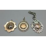 Three silver fobs with gold mounts, 32g