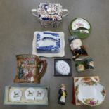 A Royal Crown Derby dish and knife, a Masonic Lodge dish, Toby jugs including Royal Doulton, a Royal