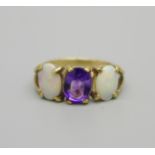 A 9ct gold, opal and amethyst ring, 1.9g, M
