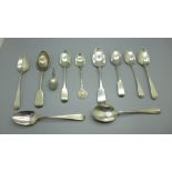 Nine silver spoons, 136g, a small continental silver caddy spoon and two plated spoons