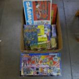 A box of mainly boy's games, Planet Patrol, Matchbox Linkits, Construction Blocks by Chad Valley,