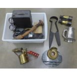 A collection of metal ware including binoculars, a camera, a military engraved pewter mug, a blow