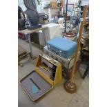 Three vintage suitcases and a Singer sewing machine, etc.