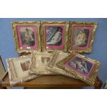 Seven risque female prints, framed