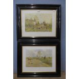 A pair of fox hunting scene prints, framed