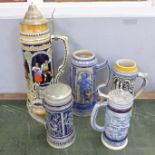 Five large German steins