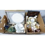 Two boxes of mixed china, Denby, Royal Crown Derby, Royal Doulton, etc.