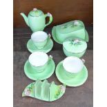 Royal Winton Green Rosebud coffee set, three cups and saucers, coffee pot and toast rack, sugar bowl