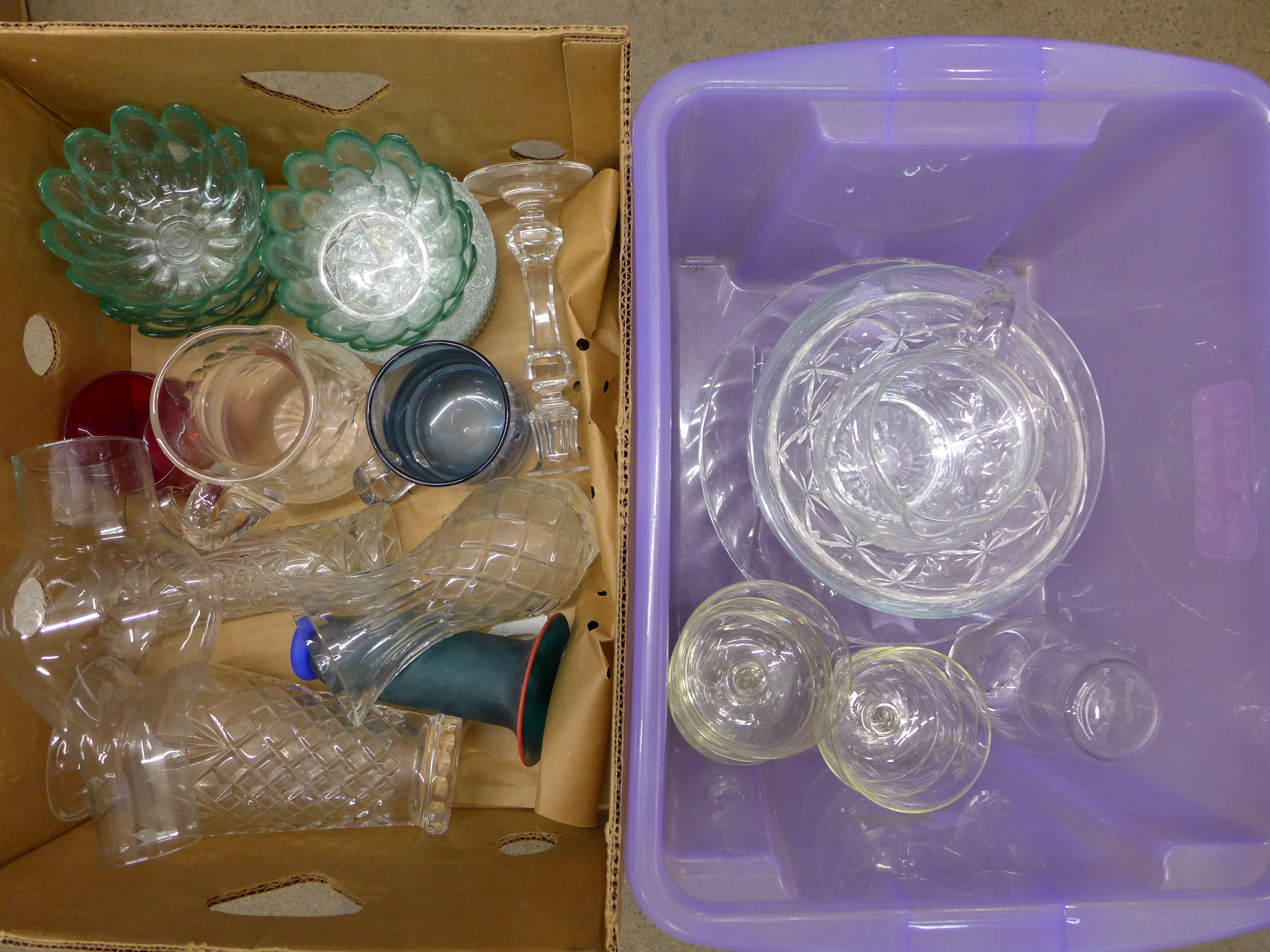 Two boxes of mixed crystal and glass including a set of six green glass bowls, cut glass jug,