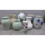 Eight vases, Denby x2, Franklin Porcelain The Meadowland Bird Vase, Portmeirion, etc.