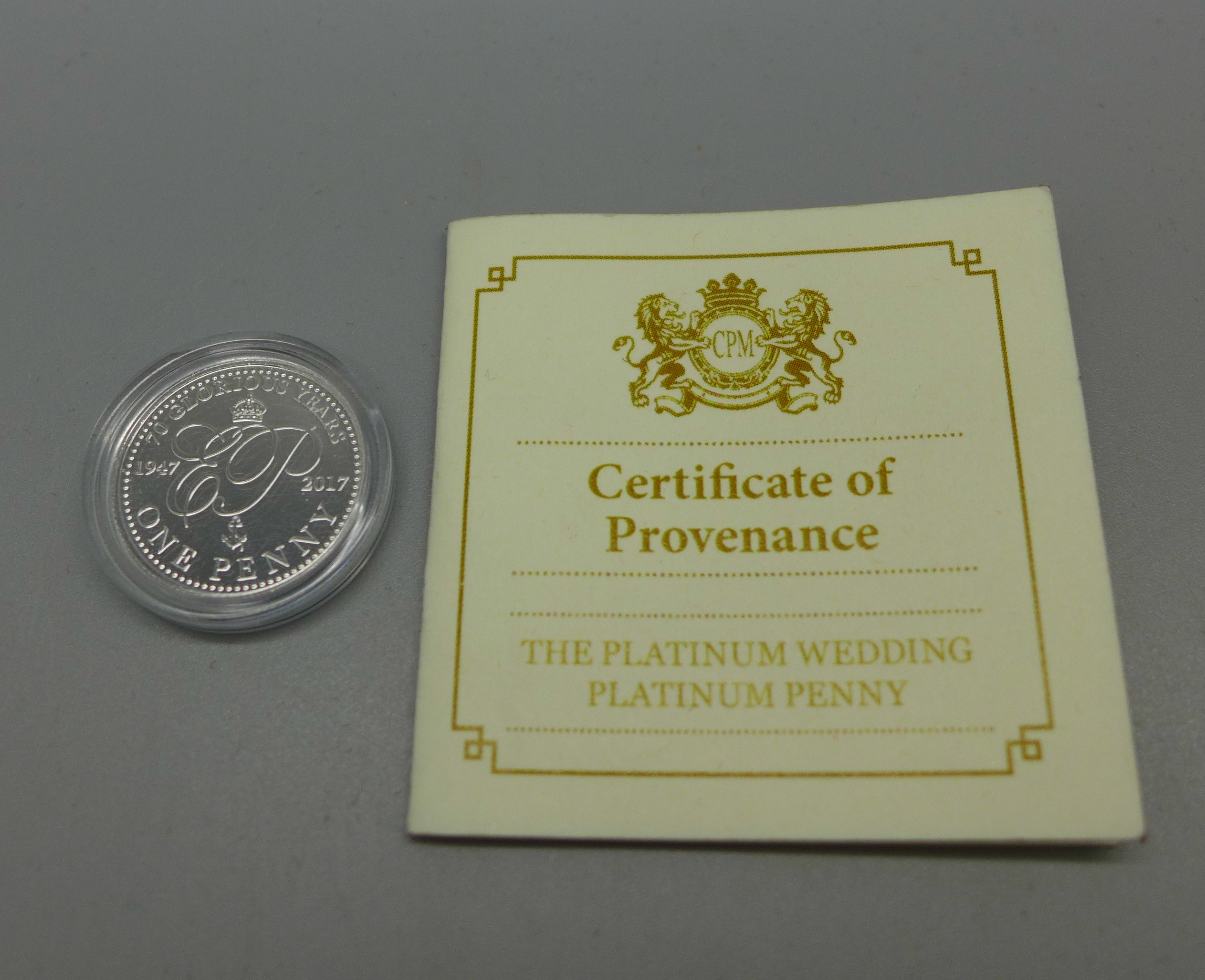 A 2017 The Platinum Wedding Platinum Penny, .995 platinum, 4g, Brilliant Uncirculated, with