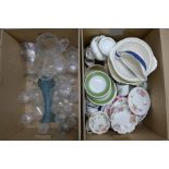 A box of mixed drinking glasses including Art Deco tumblers, pale blue glass vase, a box of china,