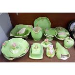 A collection of Royal Winton Green Rosebud ware, two bowls, strainer, large jug, a pair of