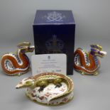 Three Royal Crown Derby paperweights - Crocodile, a gold signature edition commissioned by The Guild