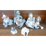Three Lladro figures and two Royal Copenhagen figures of mice