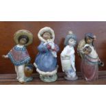 Four Lladro figures, Mexican boy and girl, Japanese girl and an Inuit, Mexican boy a/f, finger