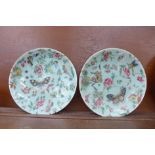 A pair of Chinese Celadon plates decorated with butterflies, insects and peonies, a/f, 25.5cm