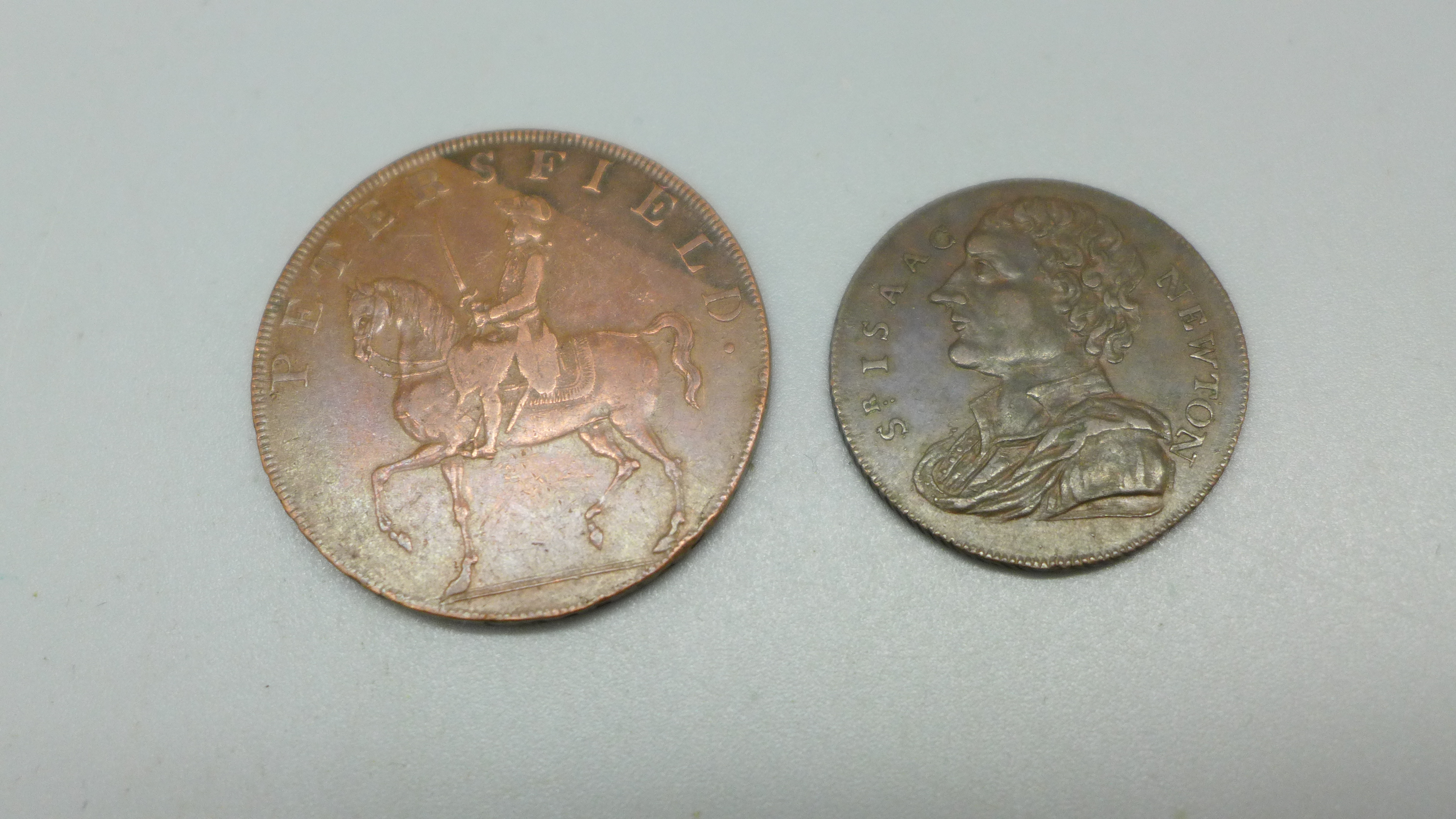 A 1793 Sir Isaac Newton farthing and a 1793 Petersfield half penny token