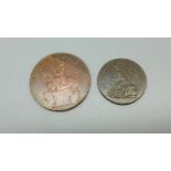 A 1793 Sir Isaac Newton farthing and a 1793 Petersfield half penny token