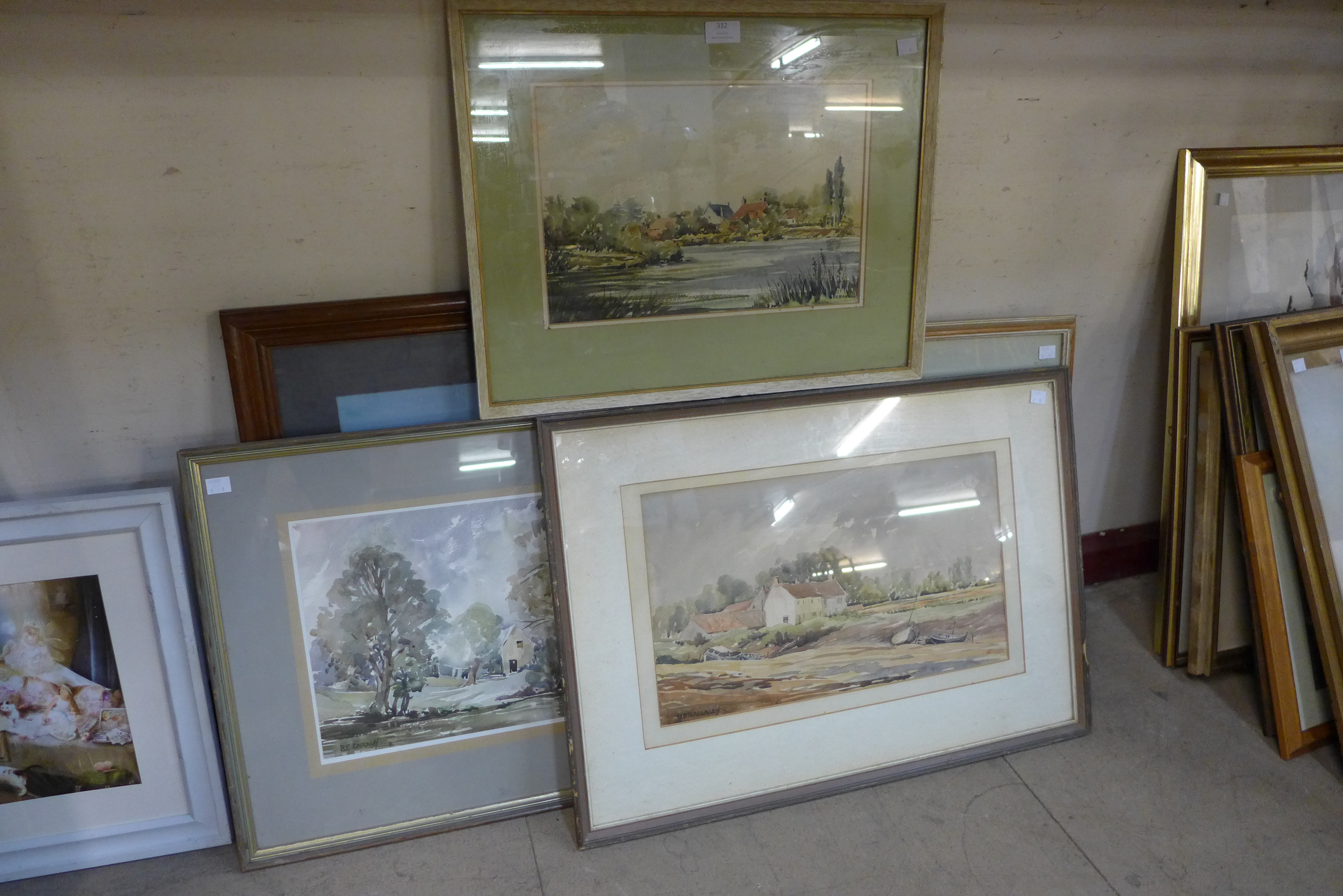 Four B.E. Baggaley watercolours and an oil on board, signed Ragman