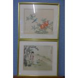 Two oriental watercolours on silk, framed