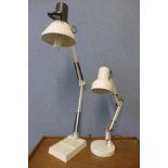 Two white metal anglepoise desk lamps