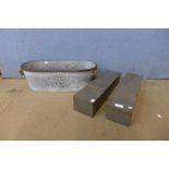 Two metal tins and a galvanised planter