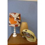 Two 1970's style table lamps and a vintage heat lamp