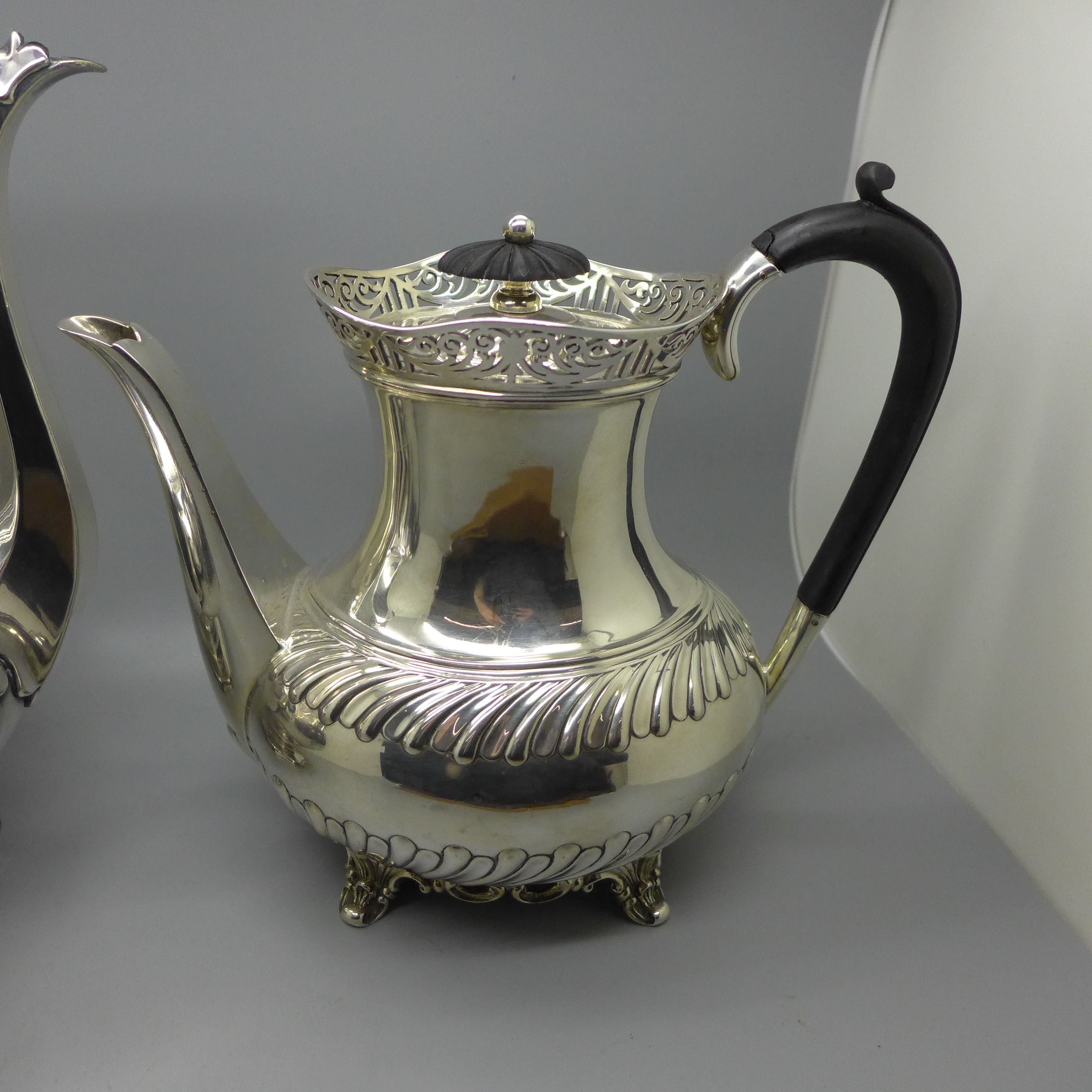 A mid Victorian EPNS engraved coffee pot, a Roberts & Belk's EPNS coffee pot with pierced gallery - Image 2 of 6