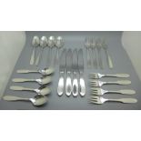 Four Georg Jensen silver plate Mermaid five piece flatware sets, dinner knife, dinner fork, salad