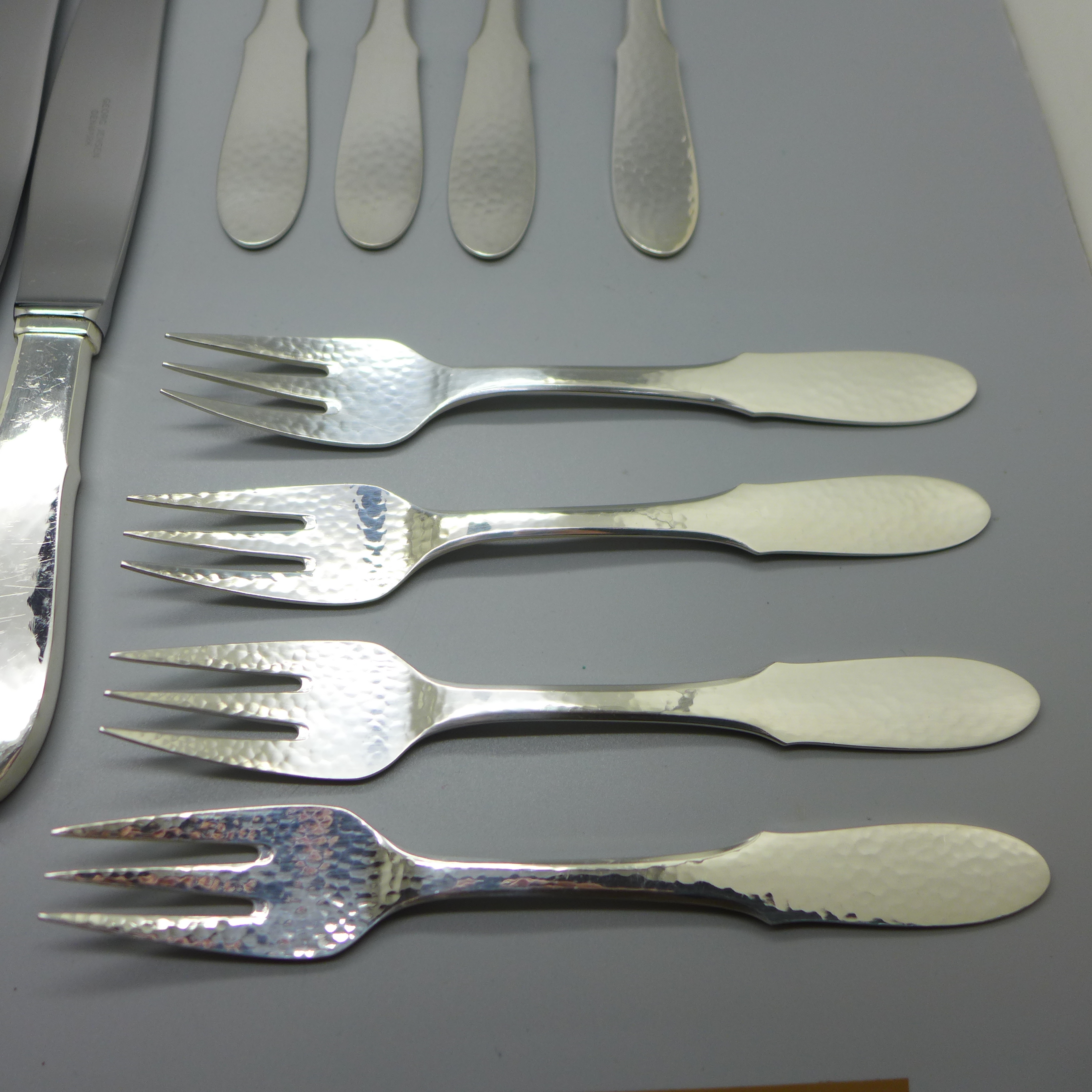 Four Georg Jensen silver plate Mermaid five piece flatware sets, dinner knife, dinner fork, salad - Image 4 of 11