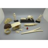 Carved ivory figures, elephant, pair of glove stretchers, small desk, etc., a/f