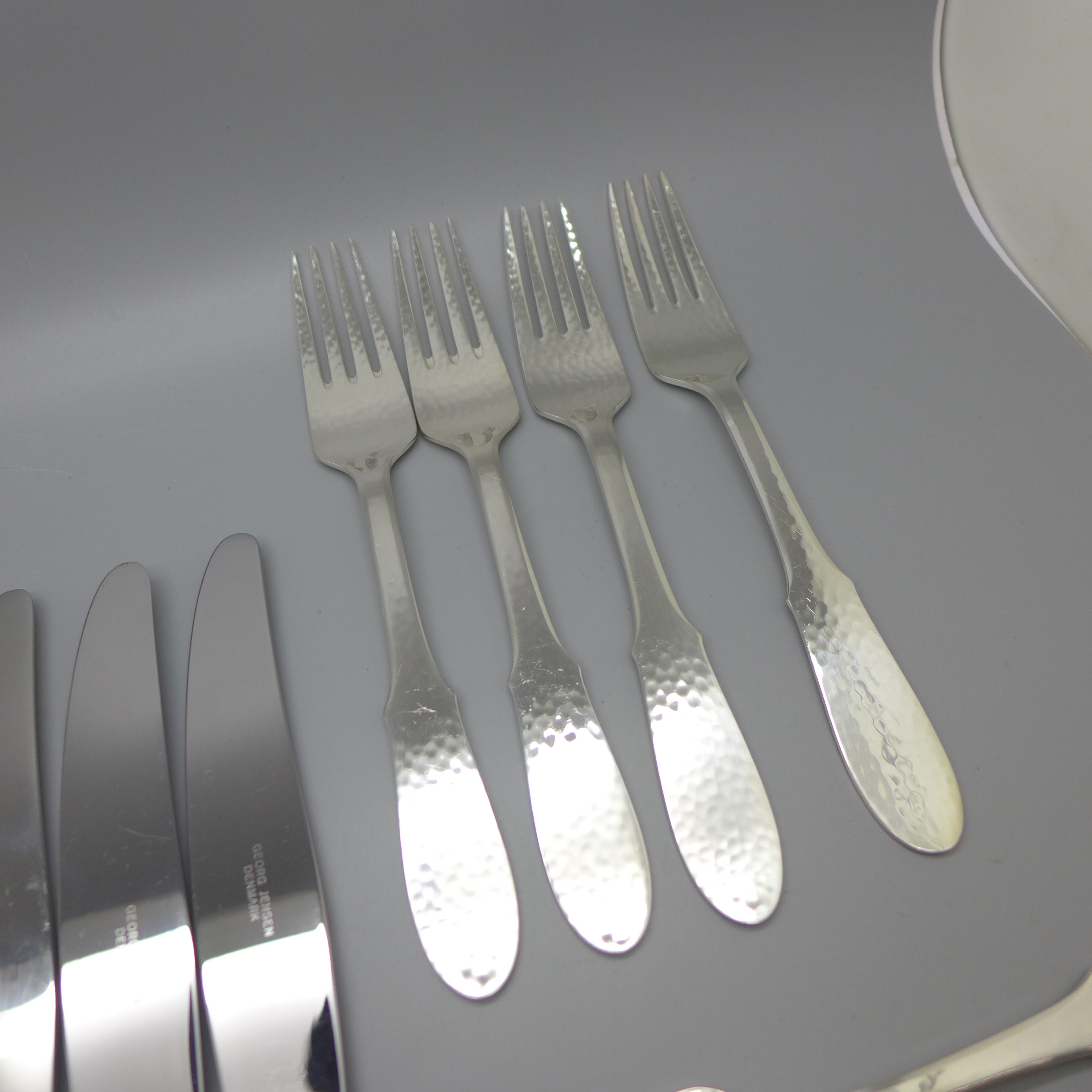 Four Georg Jensen silver plate Mermaid five piece flatware sets, dinner knife, dinner fork, salad - Image 5 of 11