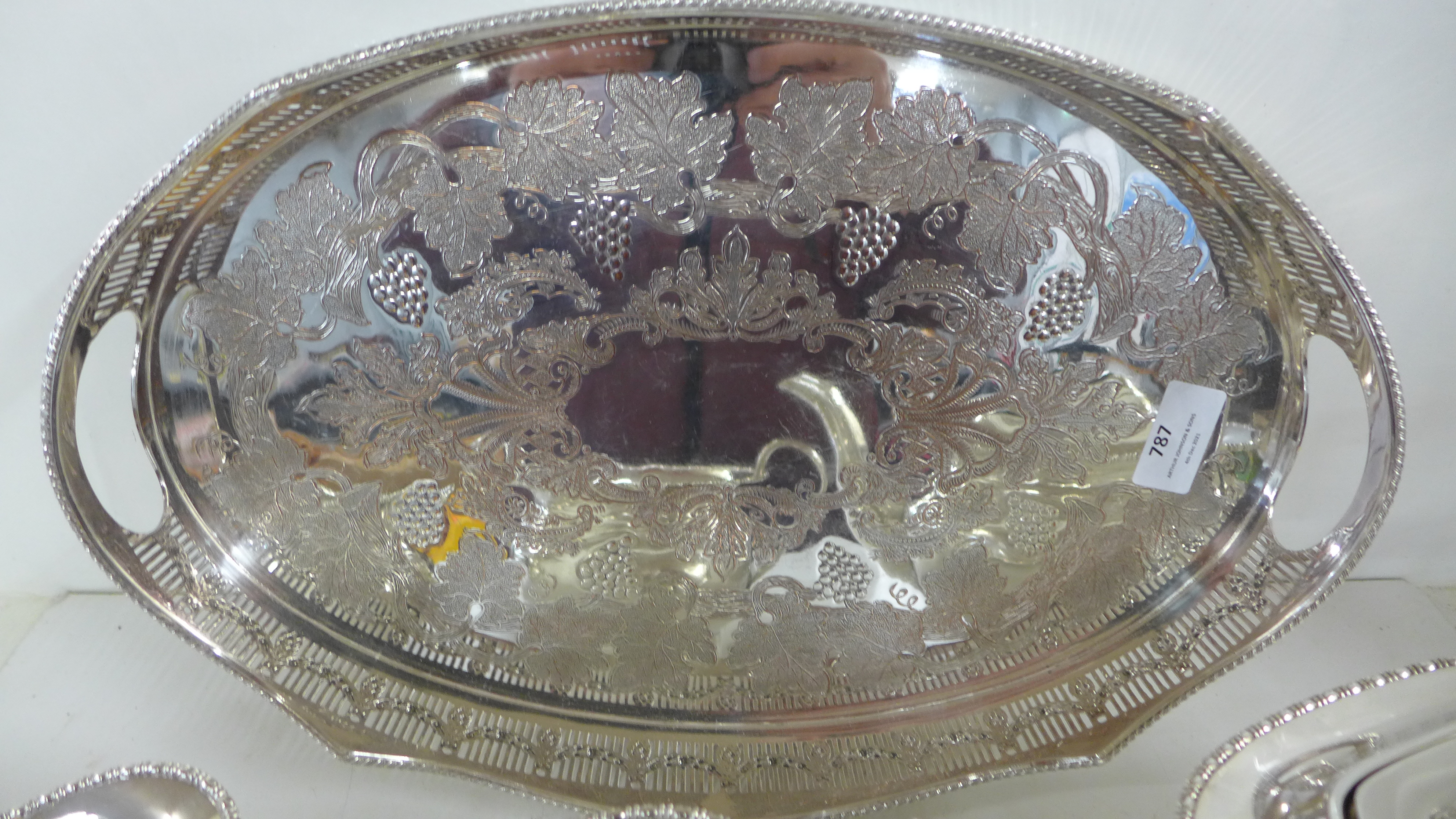 An EPS on copper tray, by Viners of Sheffield and a three piece plated tea service - Image 3 of 5