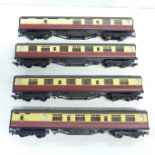 Four Bachmann OO gauge maroon and cream model rail carriages