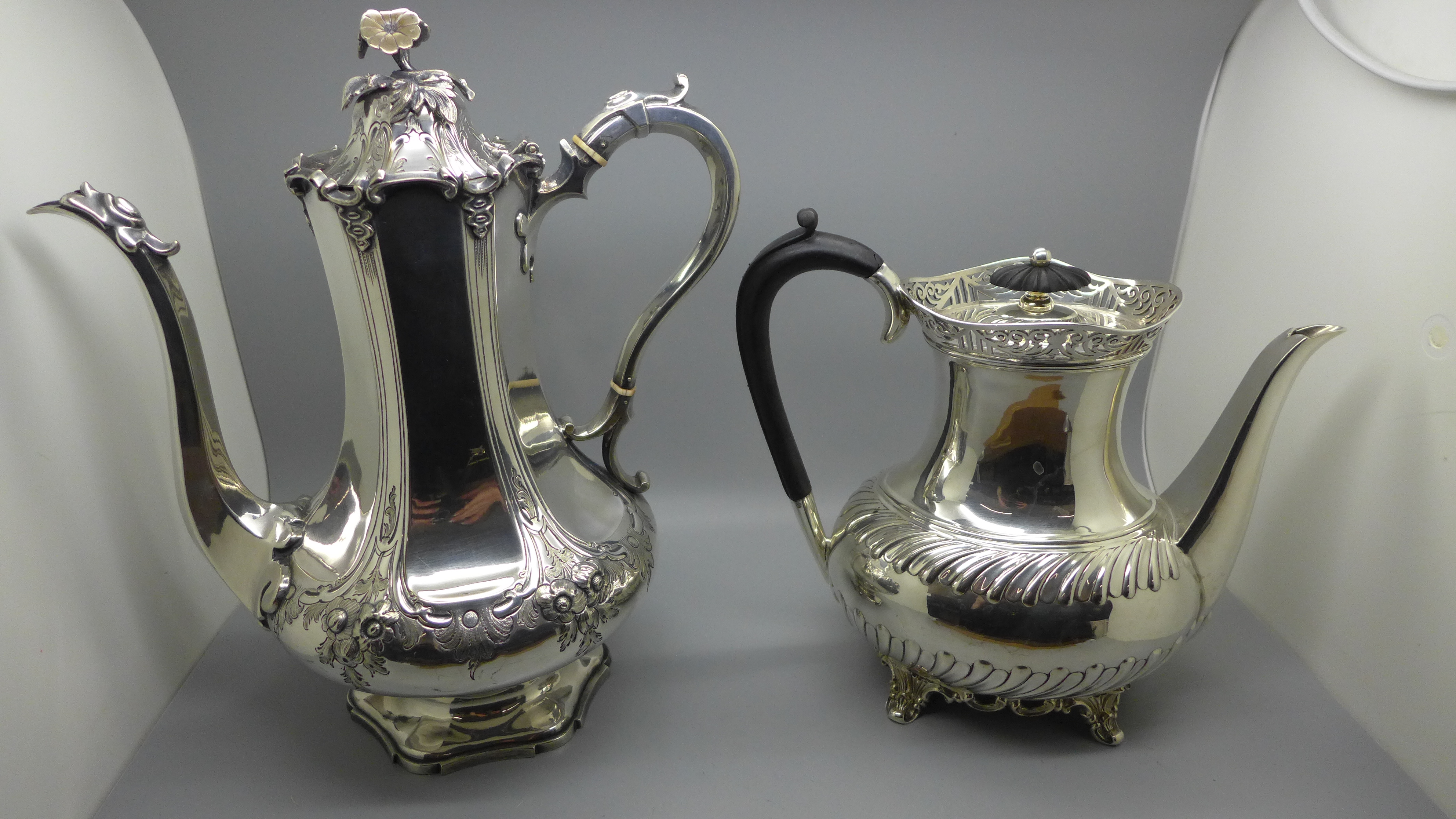 A mid Victorian EPNS engraved coffee pot, a Roberts & Belk's EPNS coffee pot with pierced gallery - Image 4 of 6