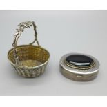 A 925 silver pill box, a/f dented, and a continental 800 silver basket, 41g