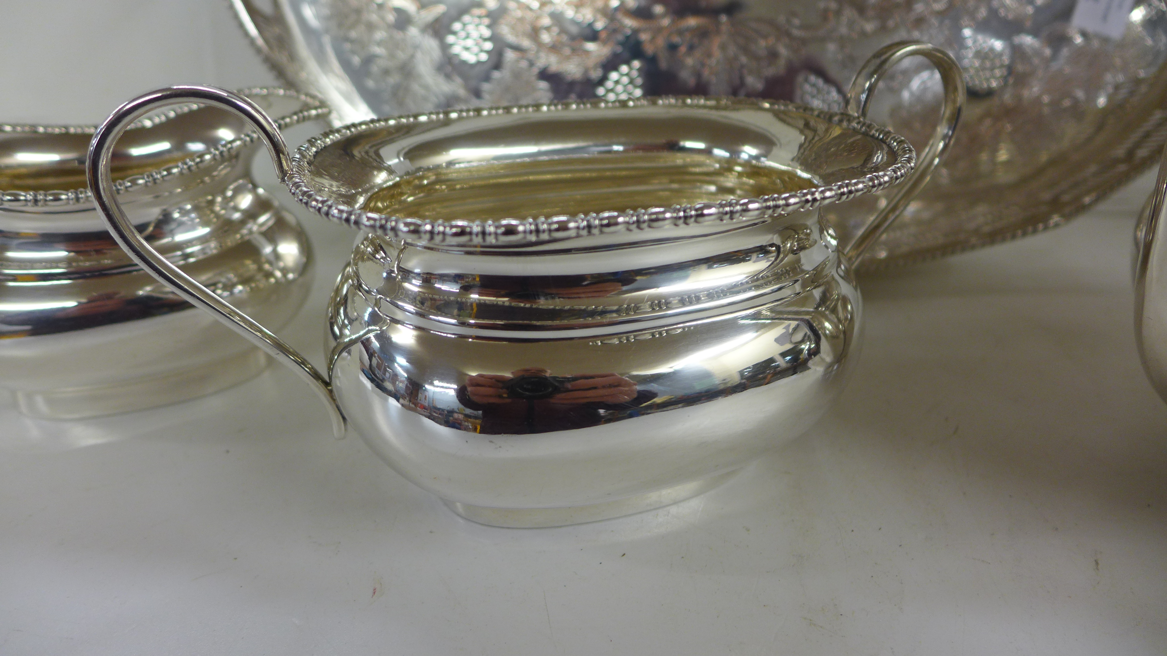 An EPS on copper tray, by Viners of Sheffield and a three piece plated tea service - Image 4 of 5