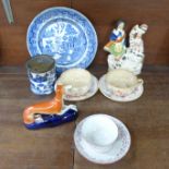 18th and 19th Century English pottery and porcelain, flatback figure, blue and white plate and sugar