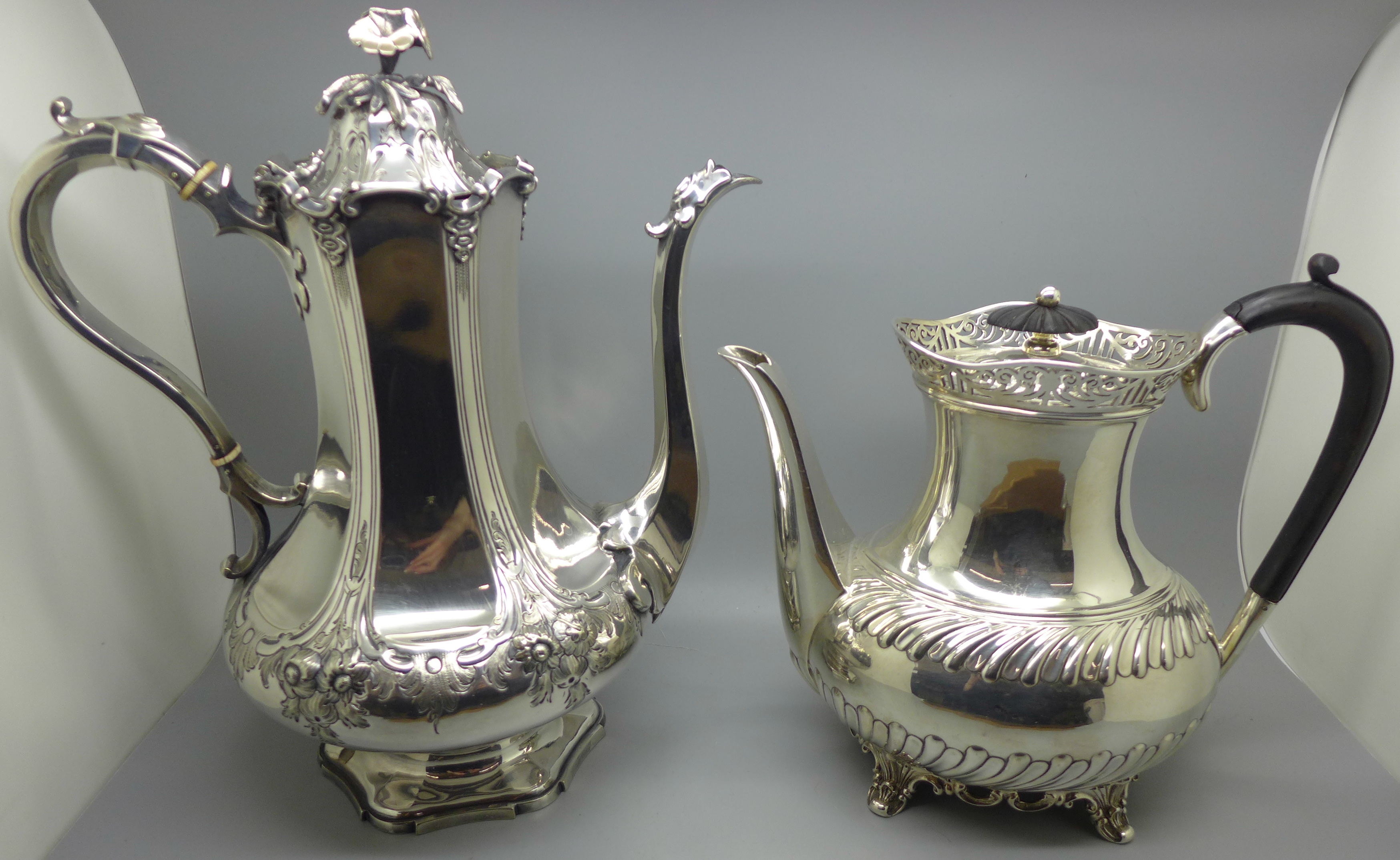 A mid Victorian EPNS engraved coffee pot, a Roberts & Belk's EPNS coffee pot with pierced gallery