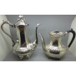 A mid Victorian EPNS engraved coffee pot, a Roberts & Belk's EPNS coffee pot with pierced gallery