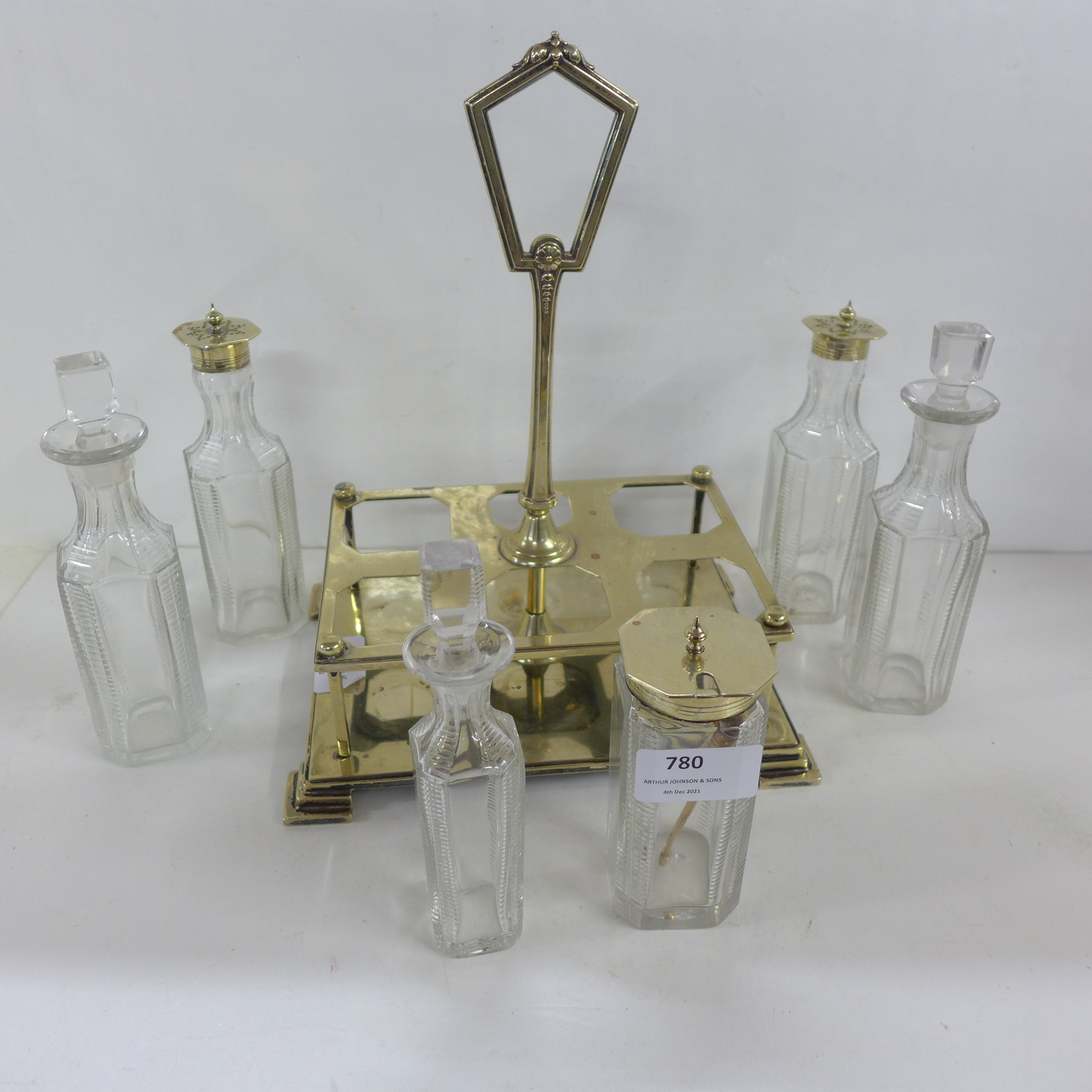A six-bottle Art Deco cut glass and EPNS framed cruet with all original bottles - Image 4 of 4