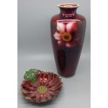 A deep red cloisonne vase and a cloisonne dish, both a/f